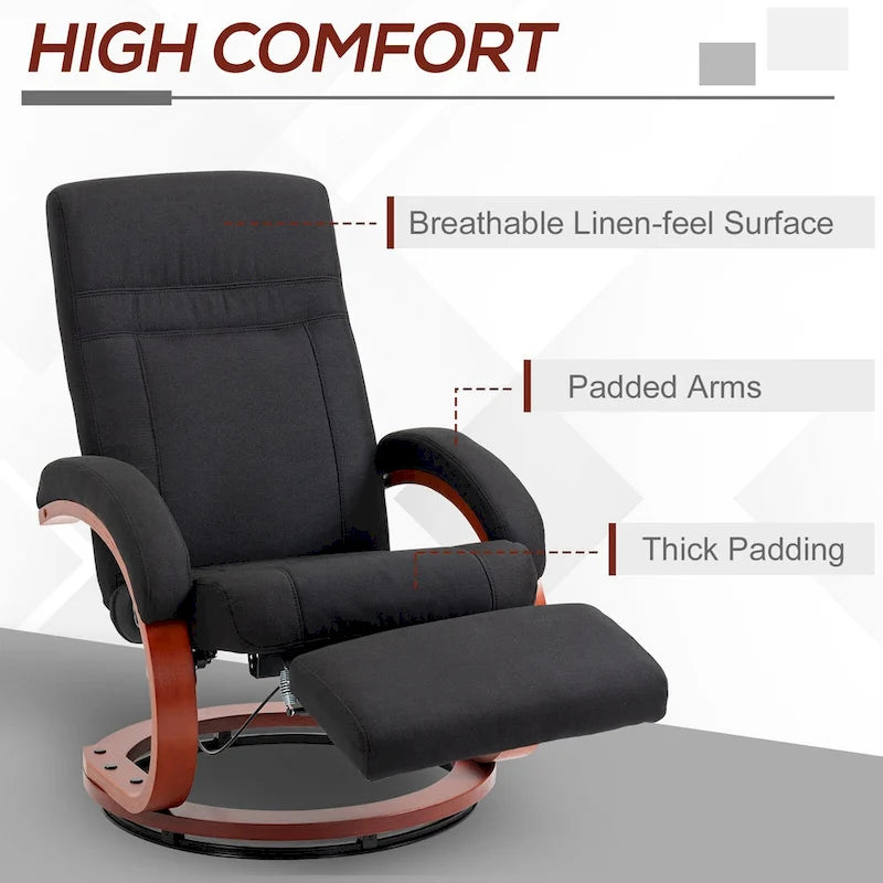 Black Linen 360° Swivel Manual Recliner Chair Footrest C-Frame Wood Base