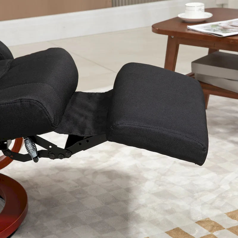 Black Linen 360° Swivel Manual Recliner Chair Footrest C-Frame Wood Base