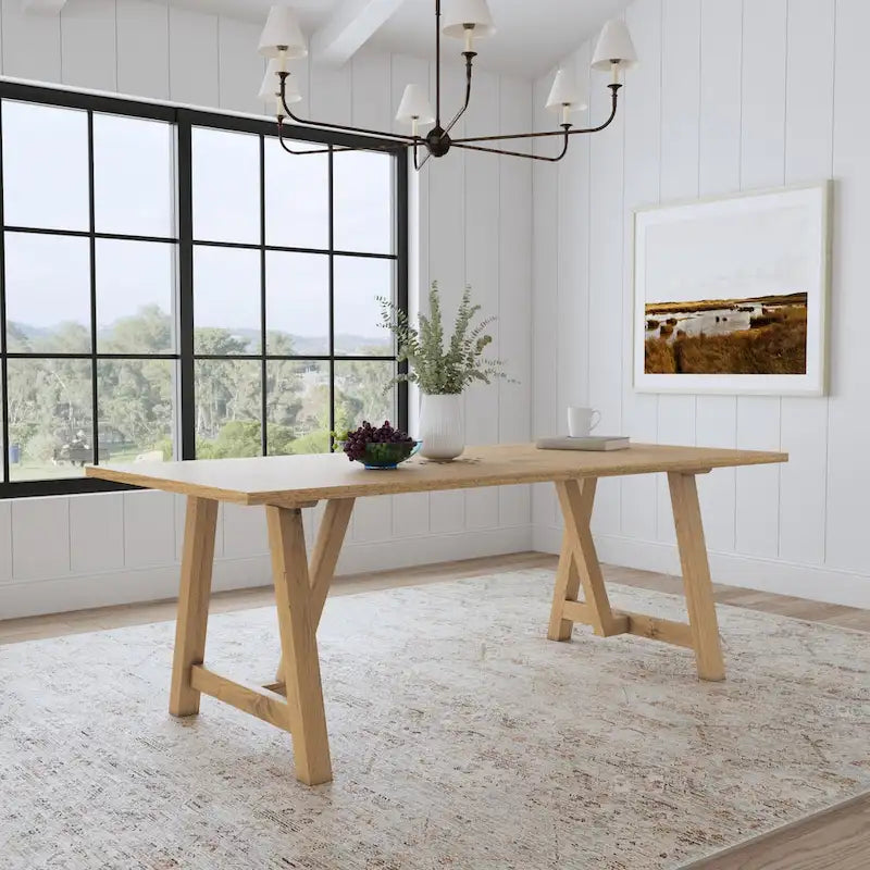 Brown Oak Trestle Dining Table Hardwood Farmhouse Rustic Seats 8