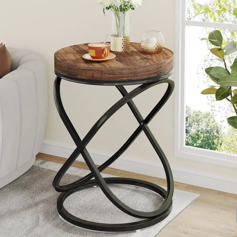 Brown Round Side Table with Spiral Metal Frame Industrial Modern Living Room