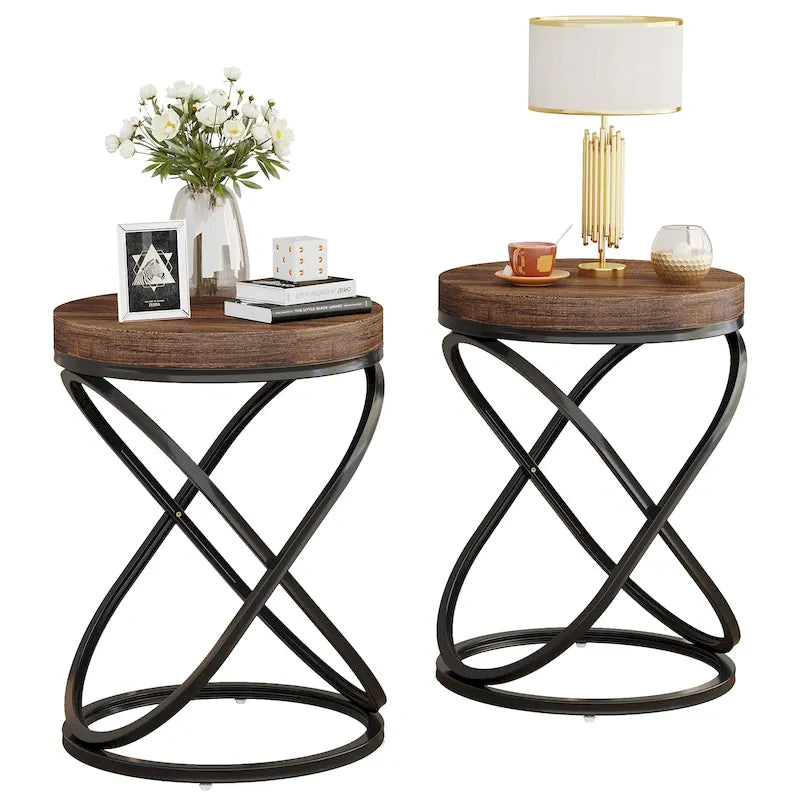 Brown Round Side Table with Spiral Metal Frame Industrial Modern Living Room