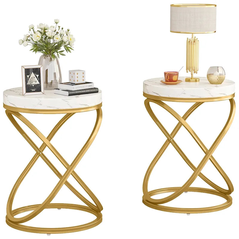 Brown Round Side Table with Spiral Metal Frame Industrial Modern Living Room