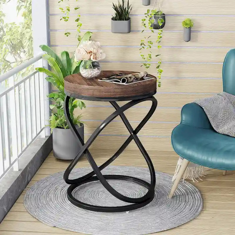 Brown Round Side Table with Spiral Metal Frame Industrial Modern Living Room