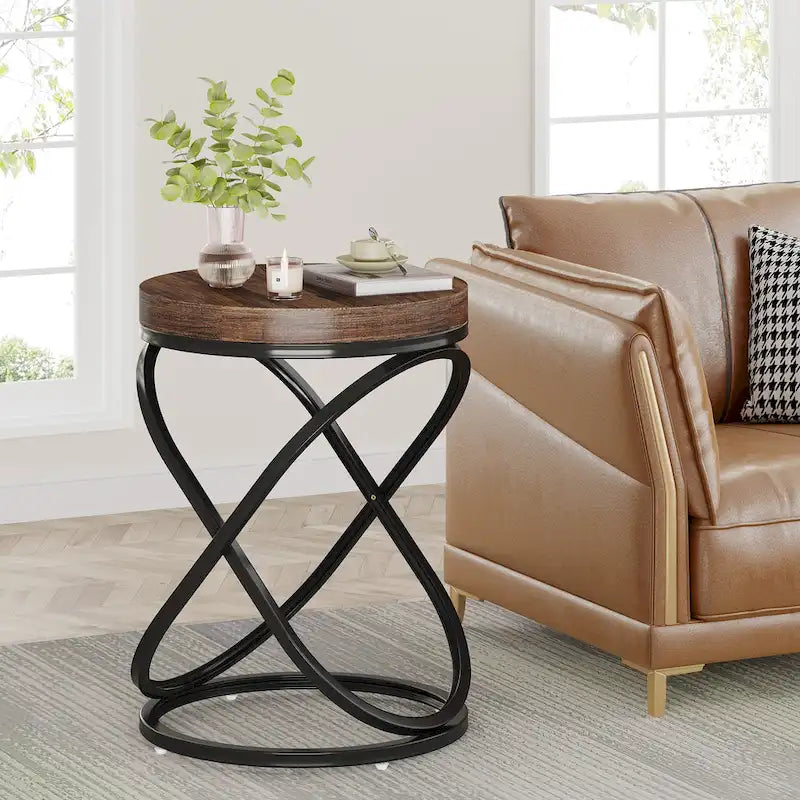 Brown Round Side Table with Spiral Metal Frame Industrial Modern Living Room