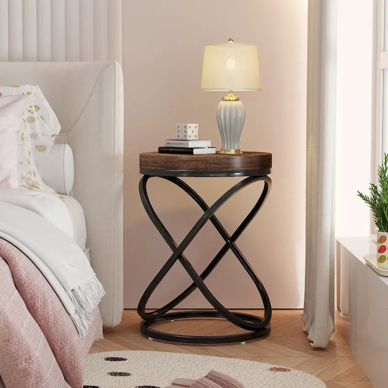 Brown Round Side Table with Spiral Metal Frame Industrial Modern Living Room