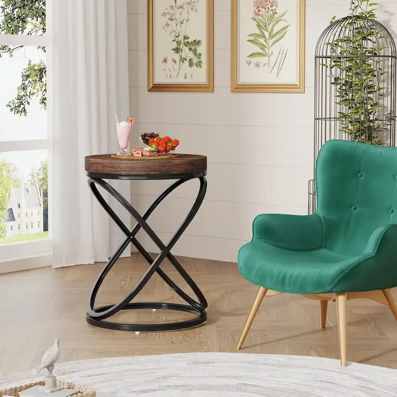 Brown Round Side Table with Spiral Metal Frame Industrial Modern Living Room