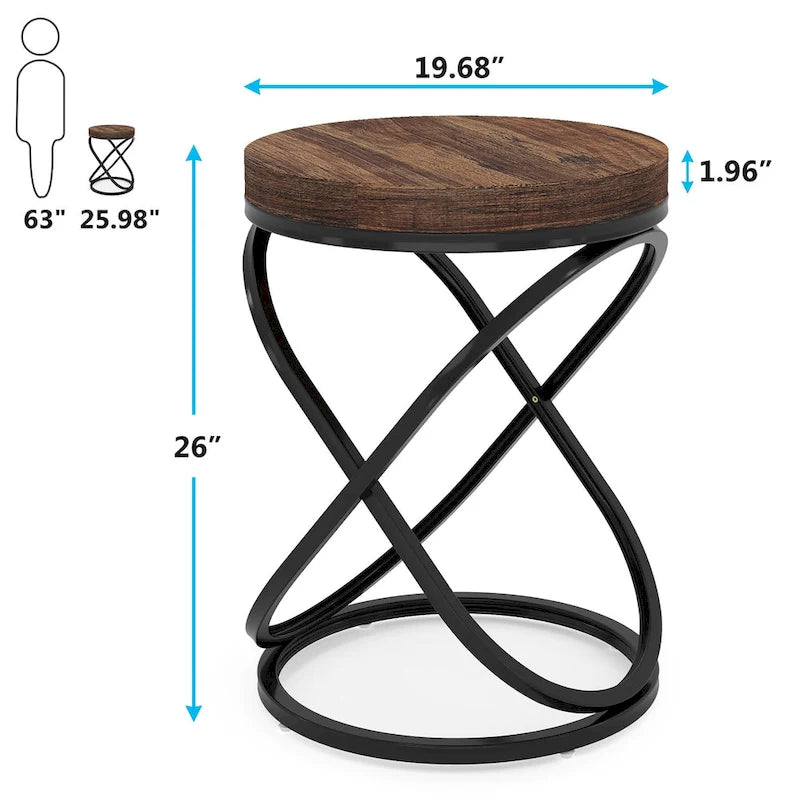 Brown Round Side Table with Spiral Metal Frame Industrial Modern Living Room