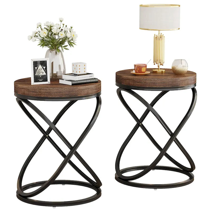 Brown Round Side Table with Spiral Metal Frame Industrial Modern Living Room