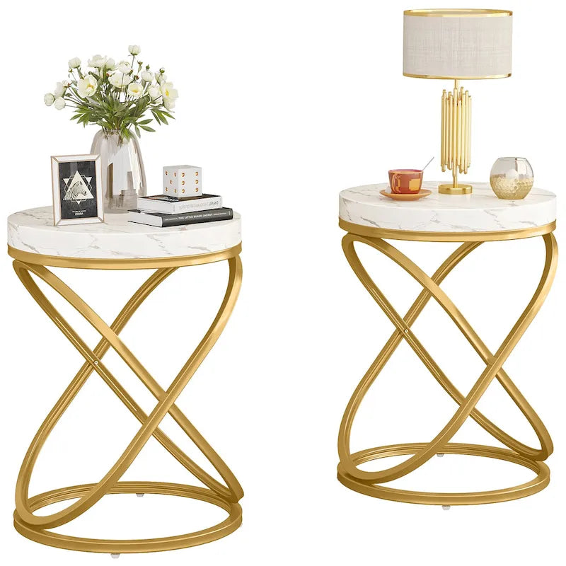 Brown Round Side Table with Spiral Metal Frame Industrial Modern Living Room