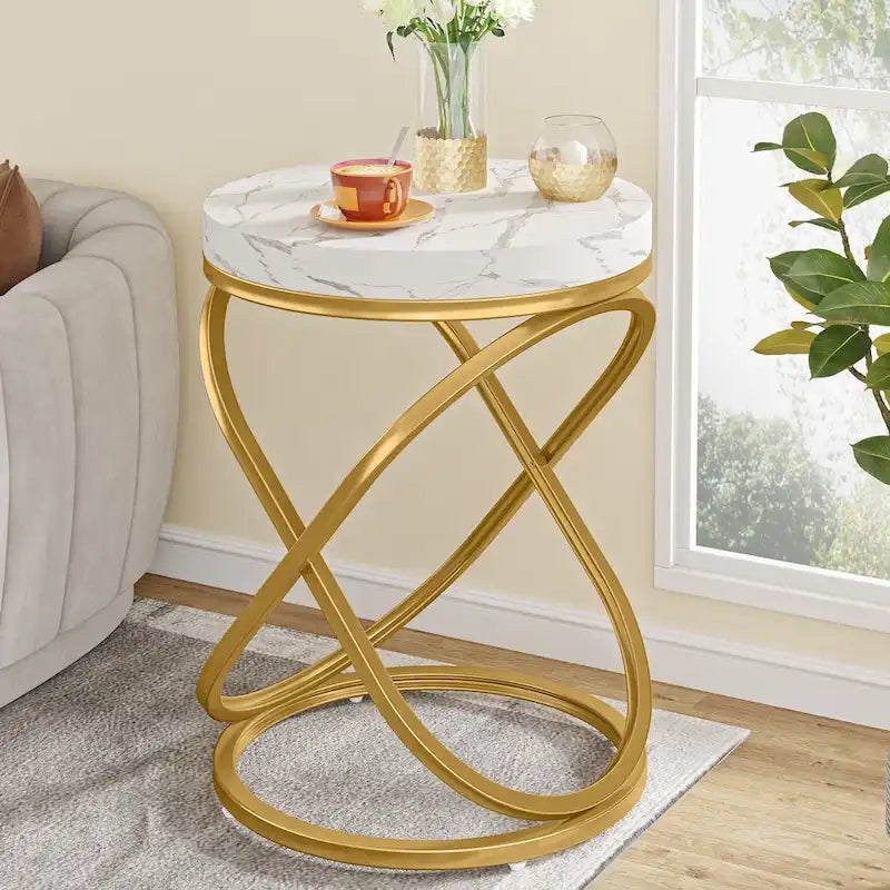 Brown Round Side Table with Spiral Metal Frame Industrial Modern Living Room