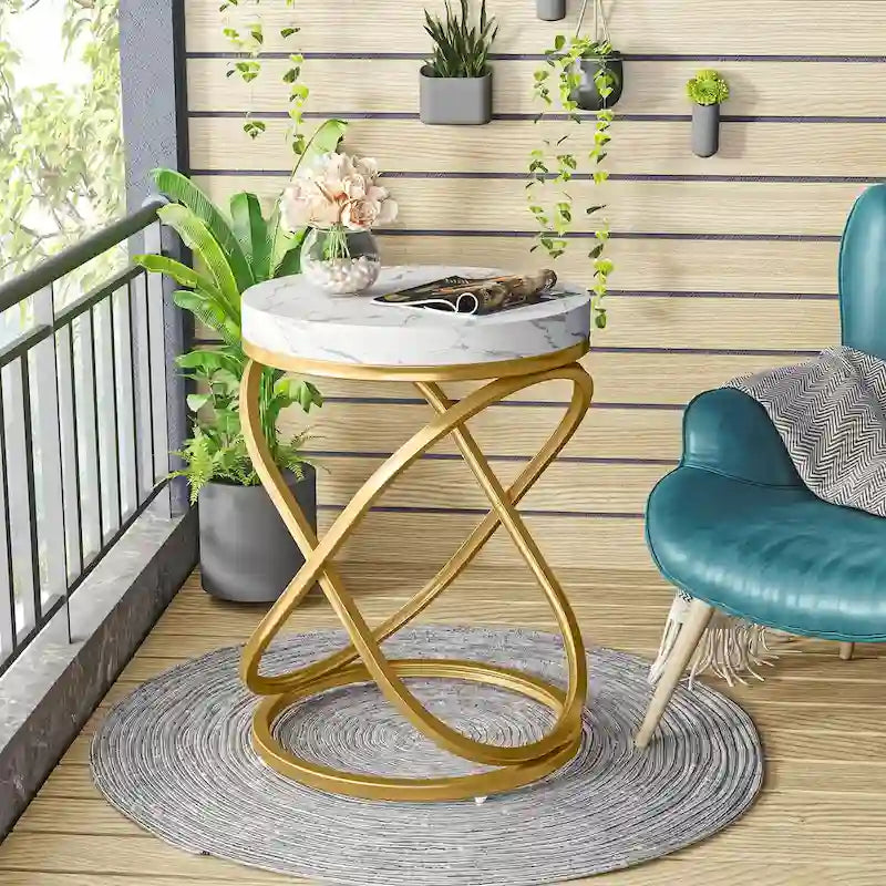 Brown Round Side Table with Spiral Metal Frame Industrial Modern Living Room