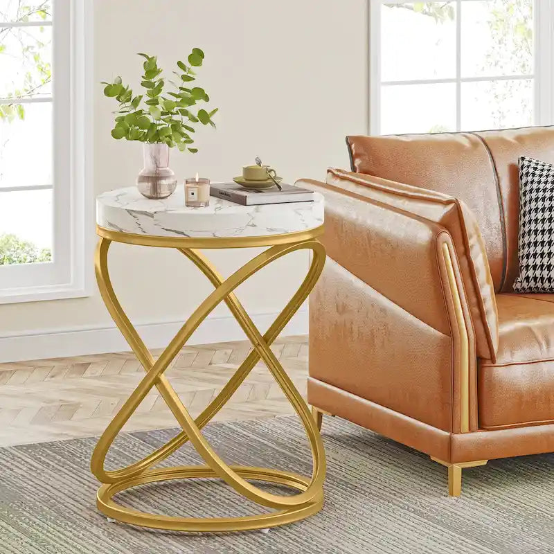 Brown Round Side Table with Spiral Metal Frame Industrial Modern Living Room