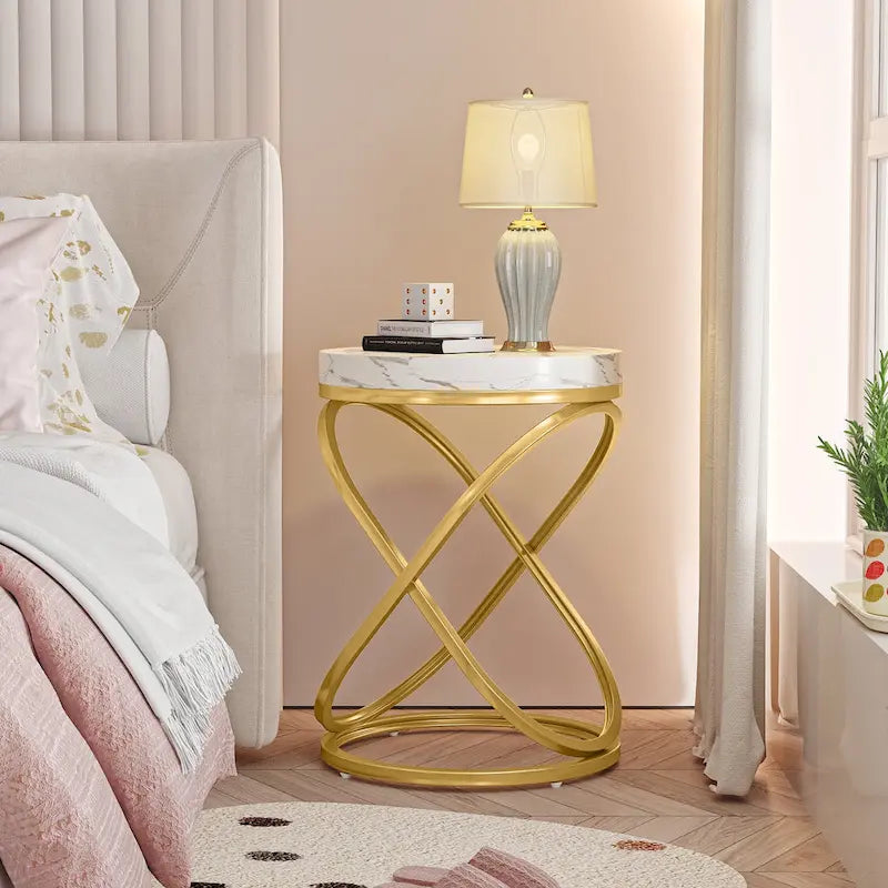 Brown Round Side Table with Spiral Metal Frame Industrial Modern Living Room