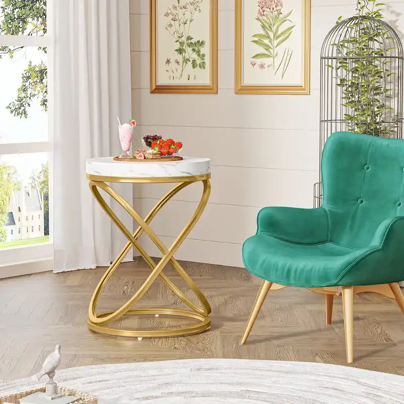 Brown Round Side Table with Spiral Metal Frame Industrial Modern Living Room