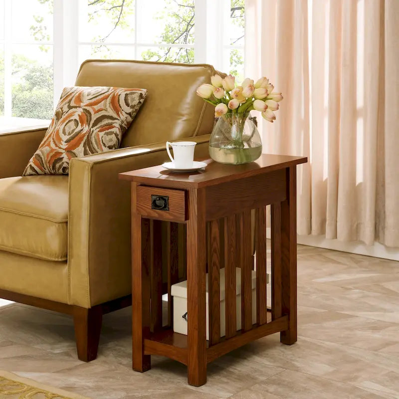 Brown Solid Ash Wood Narrow End Table 1 Drawer Open Shelf Mission Style