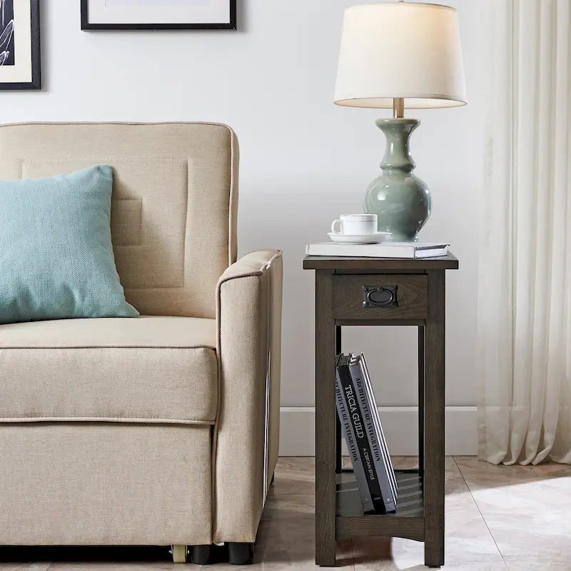 Brown Solid Ash Wood Narrow End Table 1 Drawer Open Shelf Mission Style