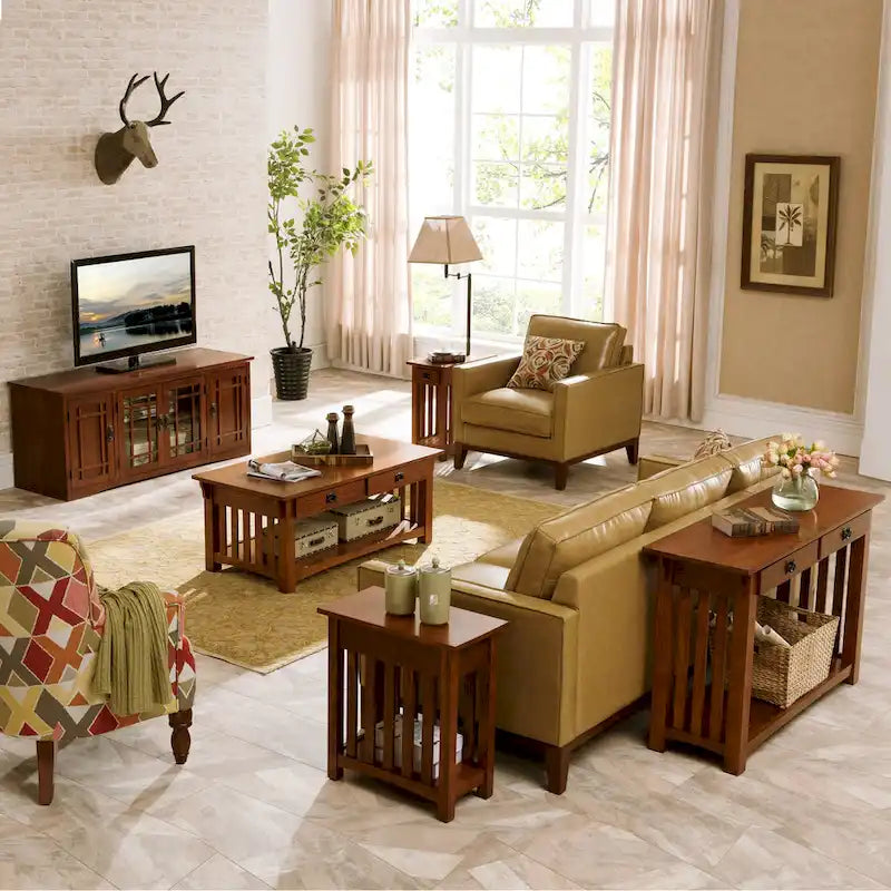 Brown Solid Ash Wood Narrow End Table 1 Drawer Open Shelf Mission Style