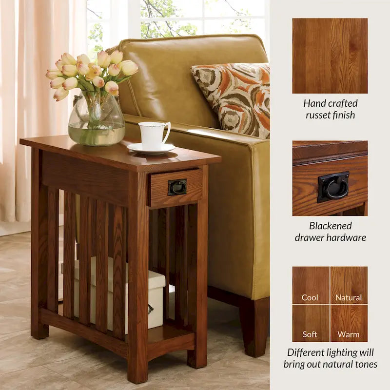 Brown Solid Ash Wood Narrow End Table 1 Drawer Open Shelf Mission Style