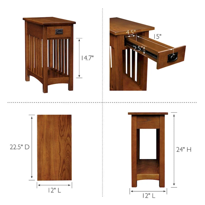 Brown Solid Ash Wood Narrow End Table 1 Drawer Open Shelf Mission Style