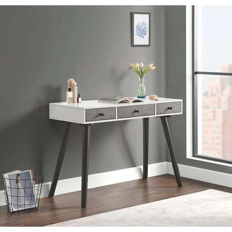 Cinnamon Birch Veneer Vanity Desk 3 Drawers Tapered Legs Bronze Pulls