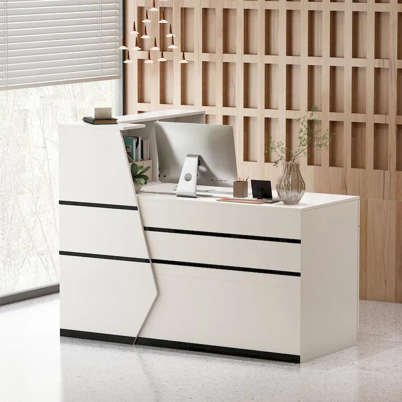 White Reception Desk L-Shape with Hutch Drawer Pedestal Door Keyboard Tray
