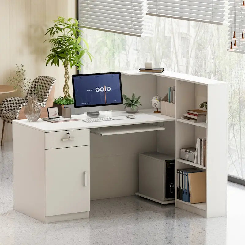 White Reception Desk L-Shape with Hutch Drawer Pedestal Door Keyboard Tray
