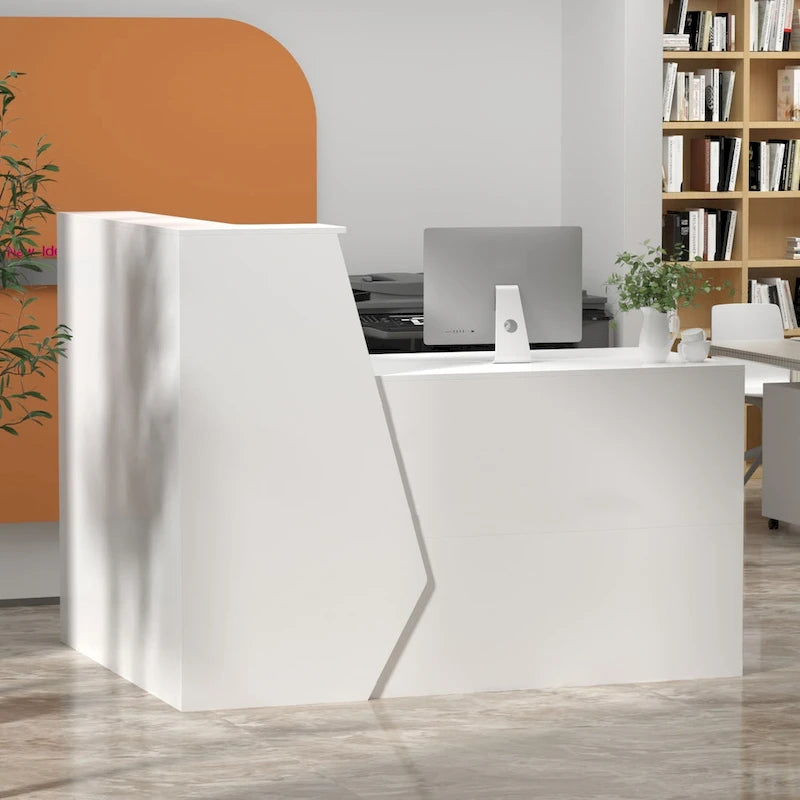 White Reception Desk L-Shape with Hutch Drawer Pedestal Door Keyboard Tray