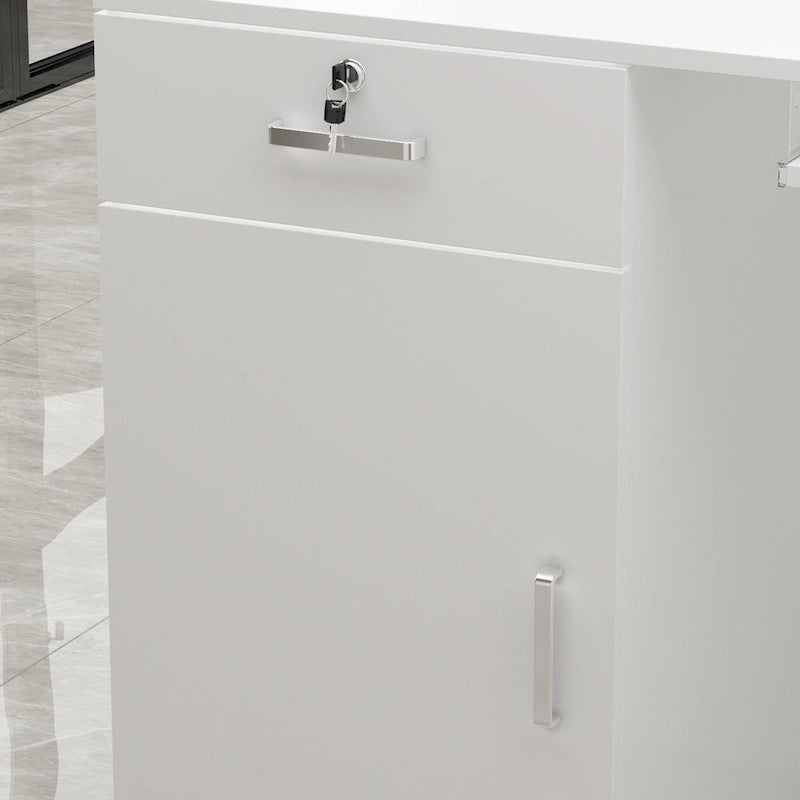White Reception Desk L-Shape with Hutch Drawer Pedestal Door Keyboard Tray