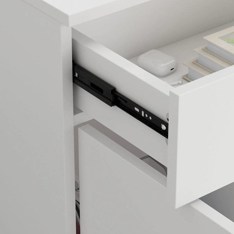 White Reception Desk L-Shape with Hutch Drawer Pedestal Door Keyboard Tray