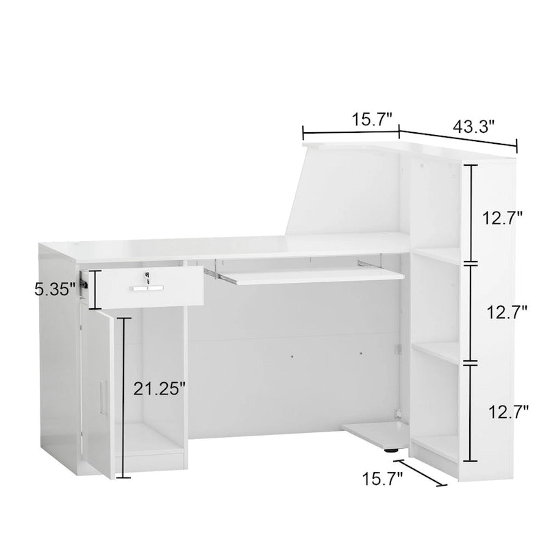 White Reception Desk L-Shape with Hutch Drawer Pedestal Door Keyboard Tray