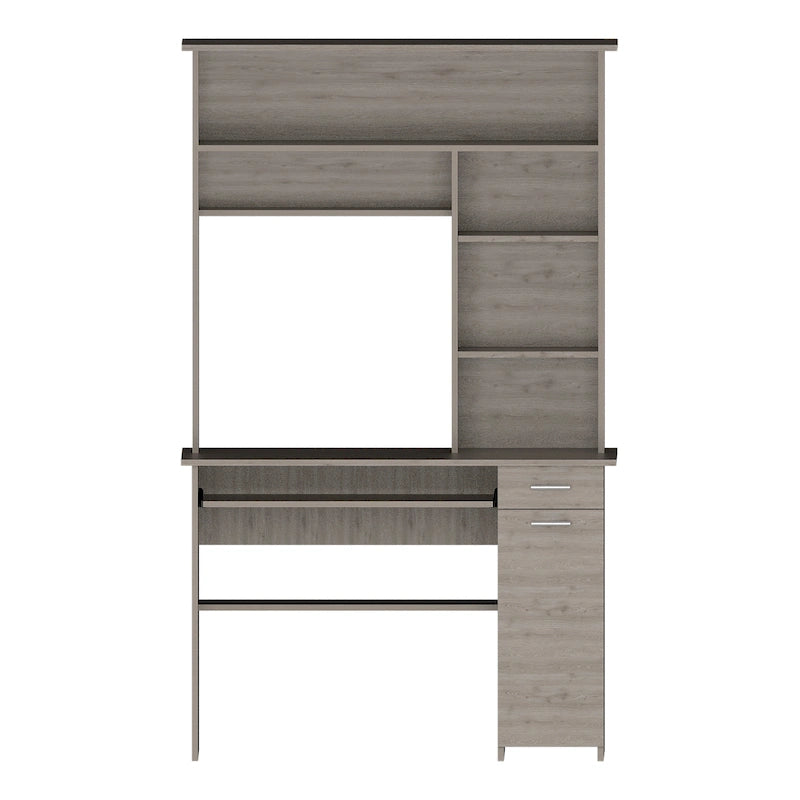 Dark Grey Computer Desk with Hutch 5 Shelves Keyboard Tray CPU Cabinet Drawer