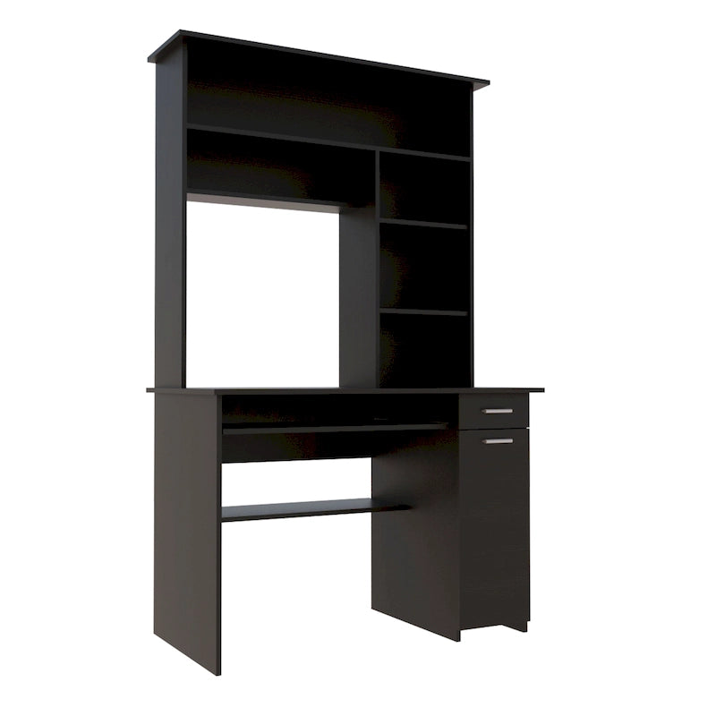 Dark Grey Computer Desk with Hutch 5 Shelves Keyboard Tray CPU Cabinet Drawer
