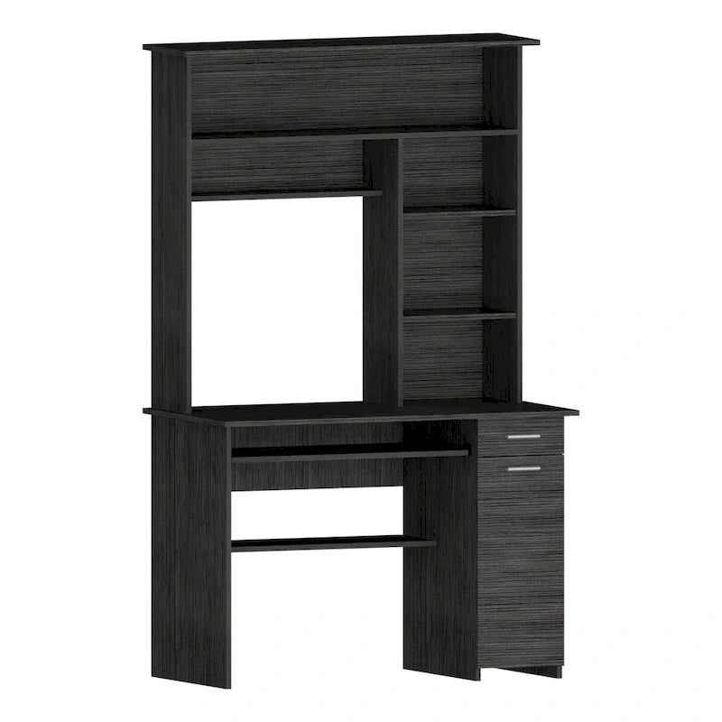 Dark Grey Computer Desk with Hutch 5 Shelves Keyboard Tray CPU Cabinet Drawer