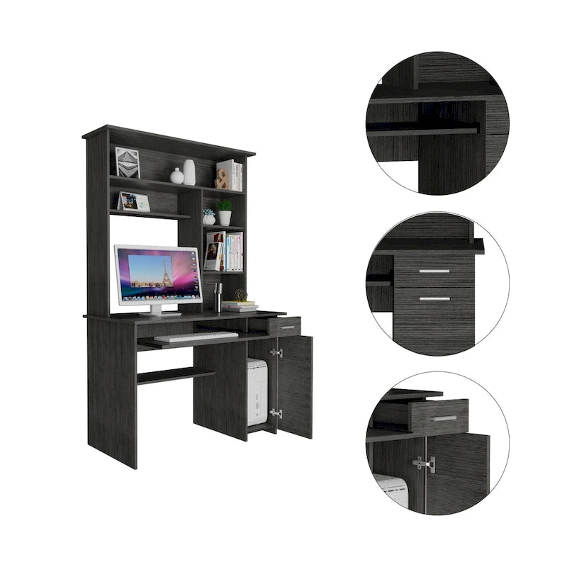 Dark Grey Computer Desk with Hutch 5 Shelves Keyboard Tray CPU Cabinet Drawer