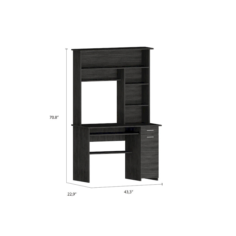 Dark Grey Computer Desk with Hutch 5 Shelves Keyboard Tray CPU Cabinet Drawer
