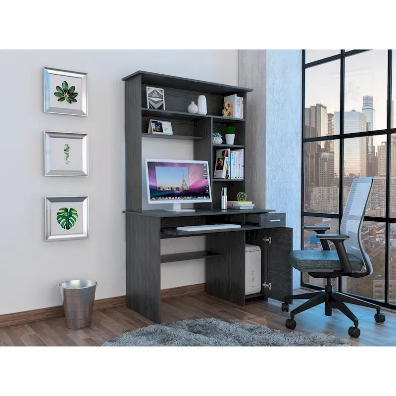 Dark Grey Computer Desk with Hutch 5 Shelves Keyboard Tray CPU Cabinet Drawer