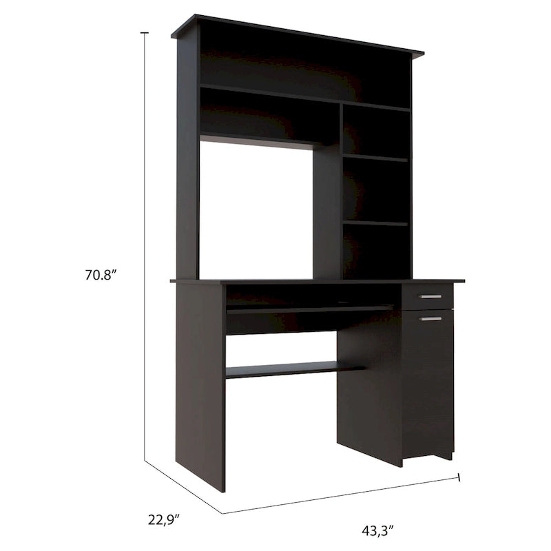 Dark Grey Computer Desk with Hutch 5 Shelves Keyboard Tray CPU Cabinet Drawer