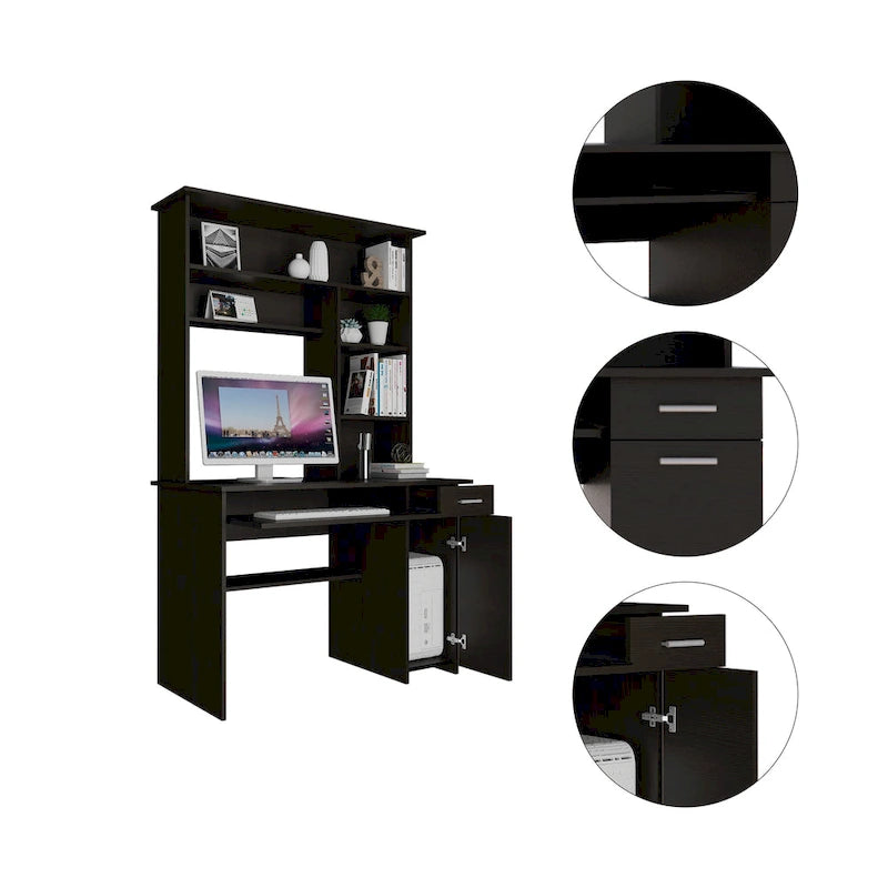 Dark Grey Computer Desk with Hutch 5 Shelves Keyboard Tray CPU Cabinet Drawer