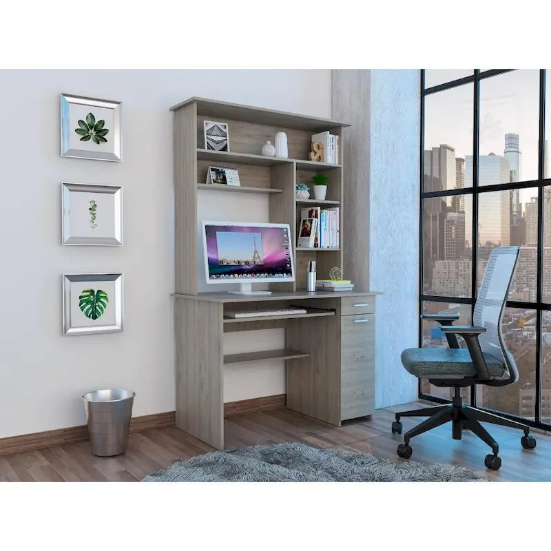 Dark Grey Computer Desk with Hutch 5 Shelves Keyboard Tray CPU Cabinet Drawer