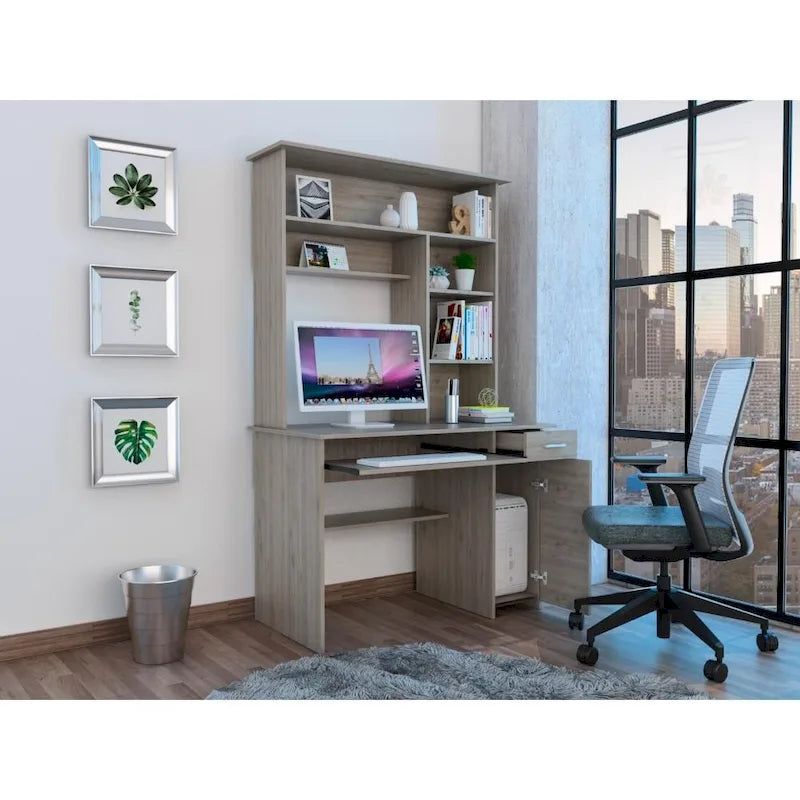 Dark Grey Computer Desk with Hutch 5 Shelves Keyboard Tray CPU Cabinet Drawer