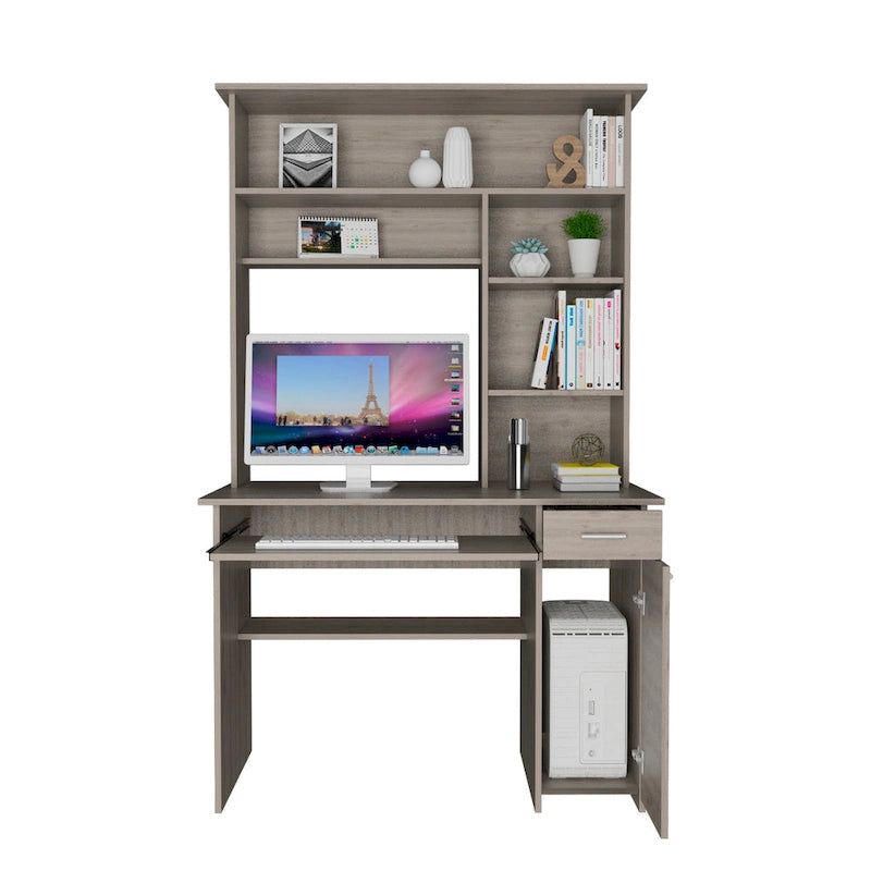 Dark Grey Computer Desk with Hutch 5 Shelves Keyboard Tray CPU Cabinet Drawer