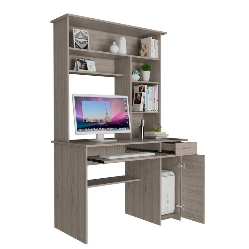Dark Grey Computer Desk with Hutch 5 Shelves Keyboard Tray CPU Cabinet Drawer