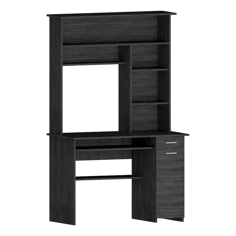 Dark Grey Computer Desk with Hutch 5 Shelves Keyboard Tray CPU Cabinet Drawer