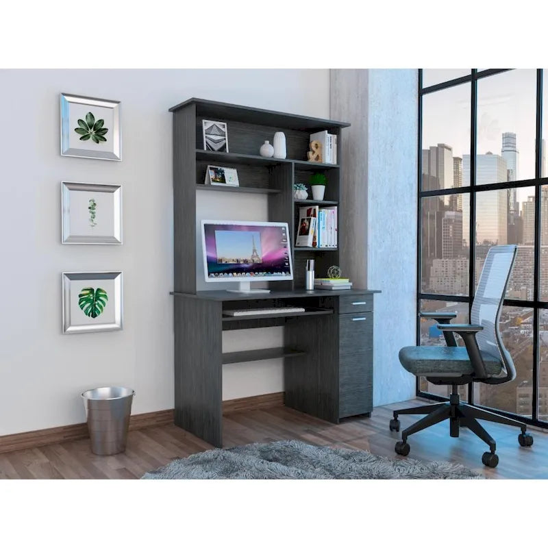 Dark Grey Computer Desk with Hutch 5 Shelves Keyboard Tray CPU Cabinet Drawer