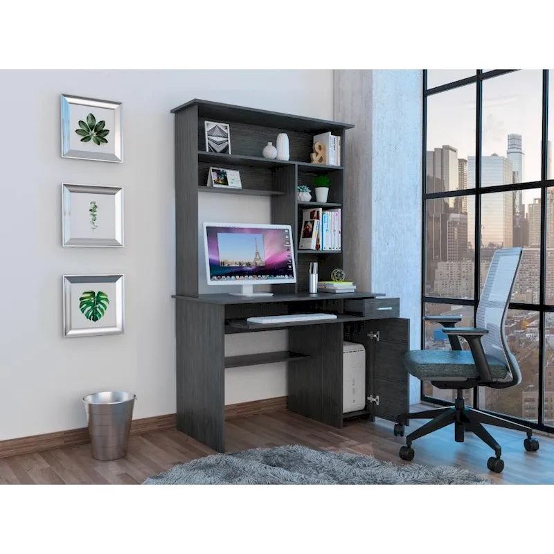 Dark Grey Computer Desk with Hutch 5 Shelves Keyboard Tray CPU Cabinet Drawer