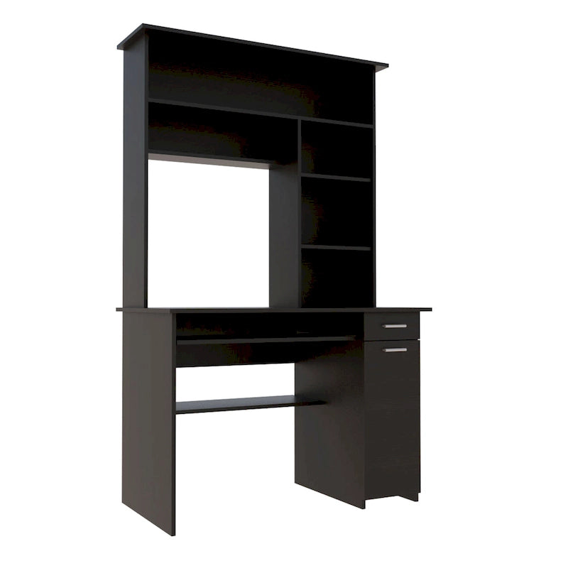 Dark Grey Computer Desk with Hutch 5 Shelves Keyboard Tray CPU Cabinet Drawer