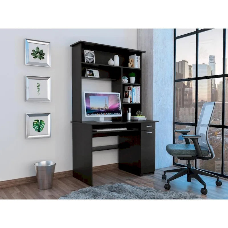 Dark Grey Computer Desk with Hutch 5 Shelves Keyboard Tray CPU Cabinet Drawer