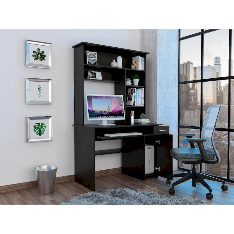 Dark Grey Computer Desk with Hutch 5 Shelves Keyboard Tray CPU Cabinet Drawer