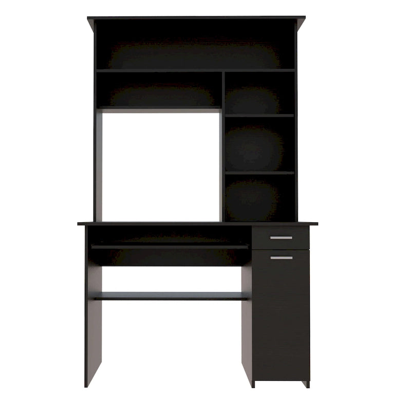 Dark Grey Computer Desk with Hutch 5 Shelves Keyboard Tray CPU Cabinet Drawer