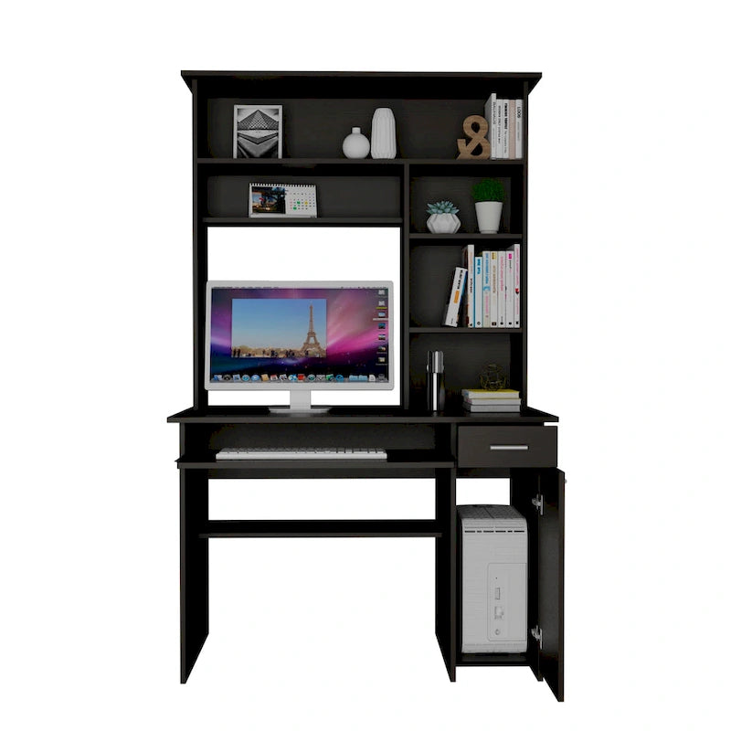 Dark Grey Computer Desk with Hutch 5 Shelves Keyboard Tray CPU Cabinet Drawer